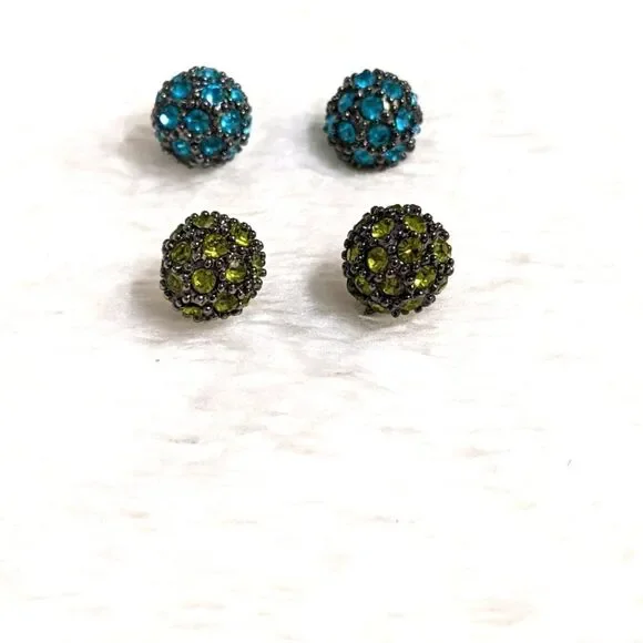 Vintage Sparkly Rhinestone Stud Earrings (2) Pair Green and Teal - Picture 3 of 6